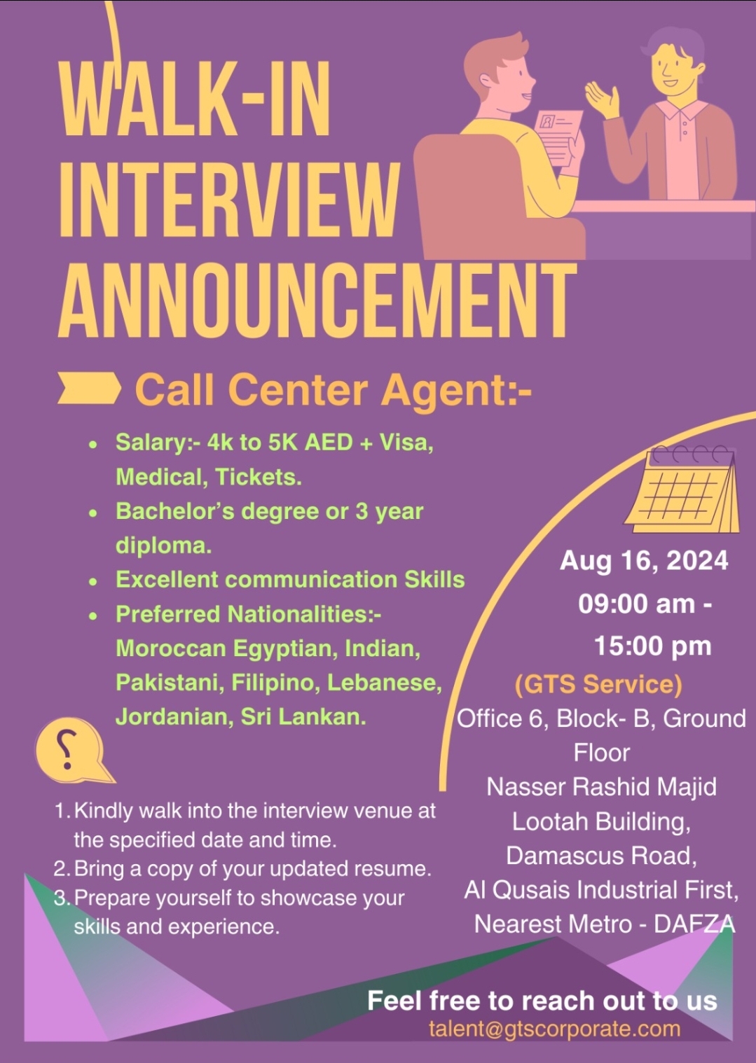Walk-in Interview for Call centre Job in Dubai