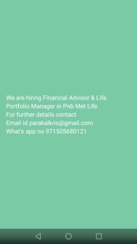 Hiring Portfolio Manager & Financial Advisor for Pnb Met Life