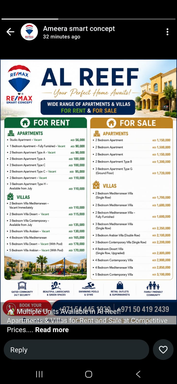 Multiple properties for Rent & Sale in Al Reef – Find Your Perfect Home in Al Reef Multiple Homes. One Perfect Community