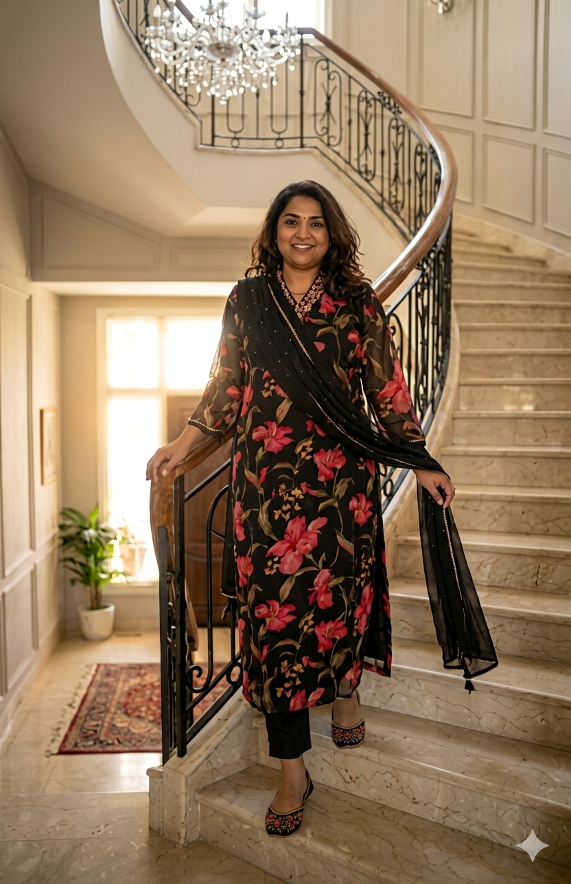 Black Organza Digital Print 3 piece set