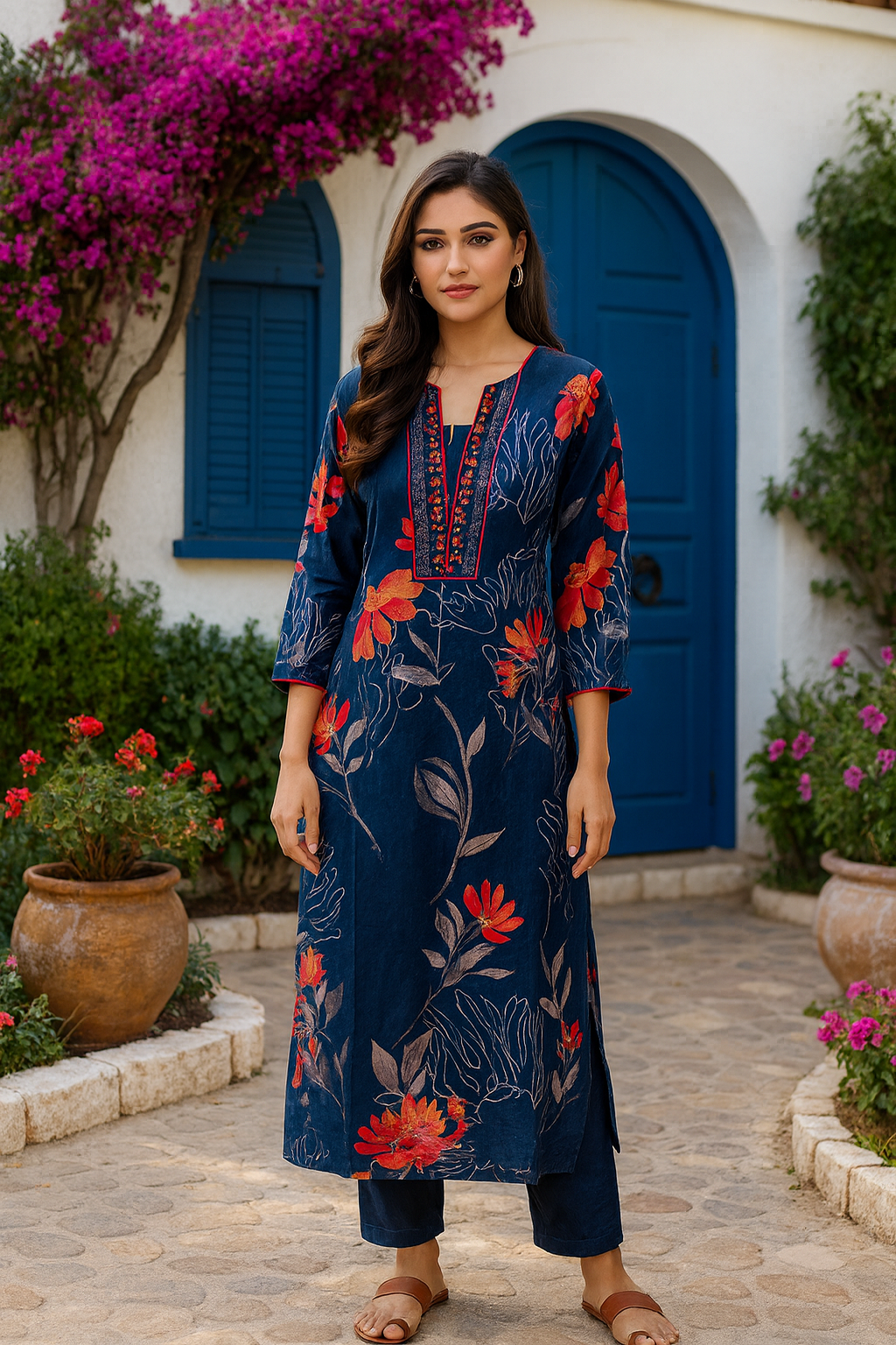 Muslin Dark blue floral kurta set